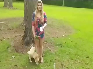 Blonde babe swallows fresh sperm of her trained doggy